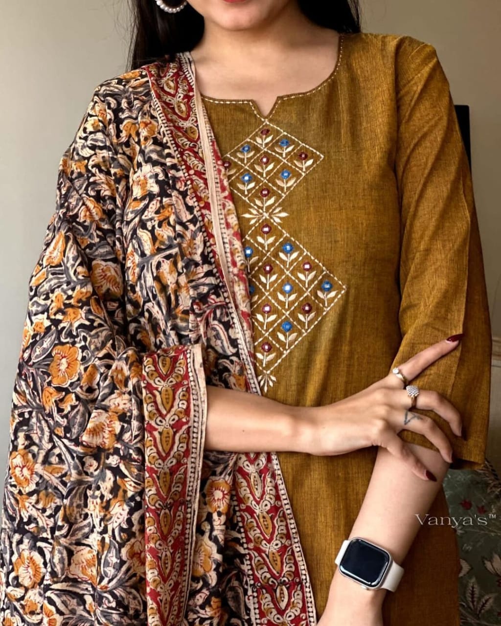 Brown Handloom Cotton Embroidered Kurti Pant Set