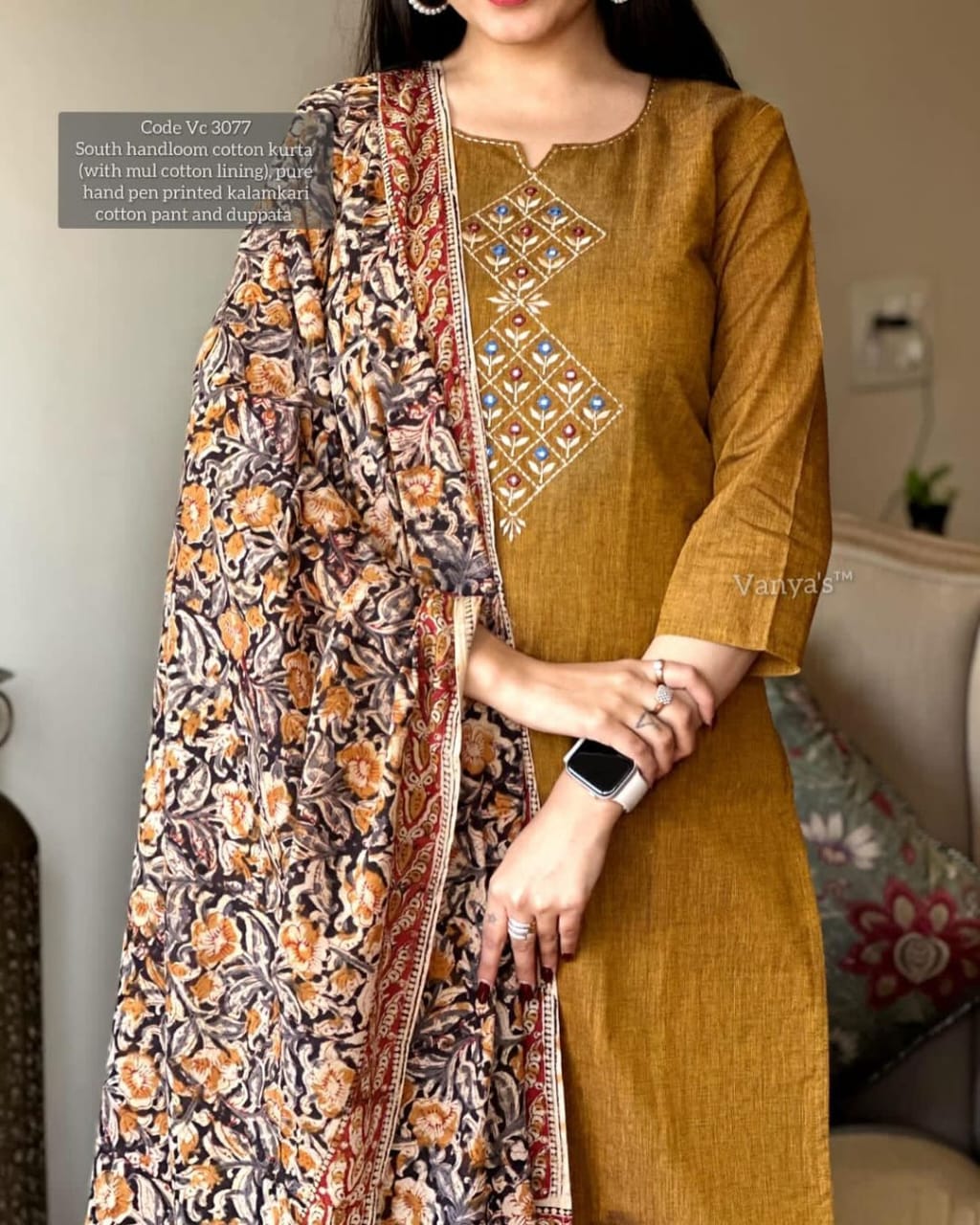 Brown Handloom Cotton Embroidered Kurti Pant Set