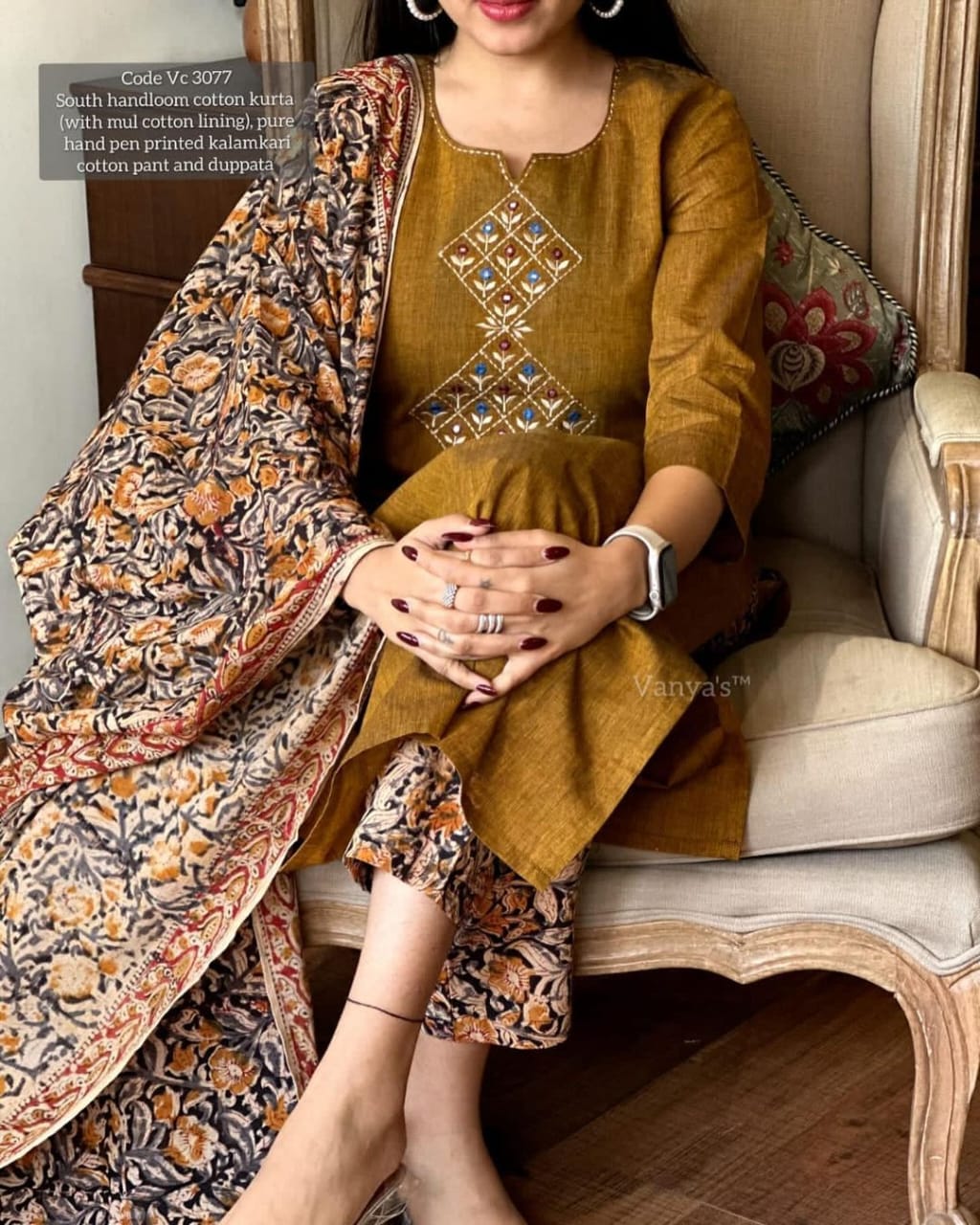 Brown Handloom Cotton Embroidered Kurti Pant Set