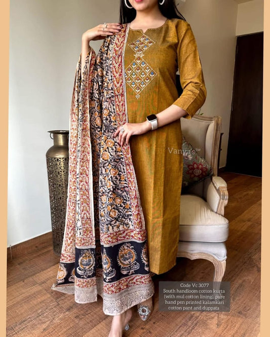 Brown Handloom Cotton Embroidered Kurti Pant Set