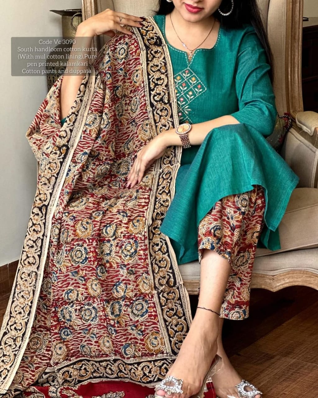 Turquoise Blue  Handloom Cotton Embroidered Kurti Pant Set