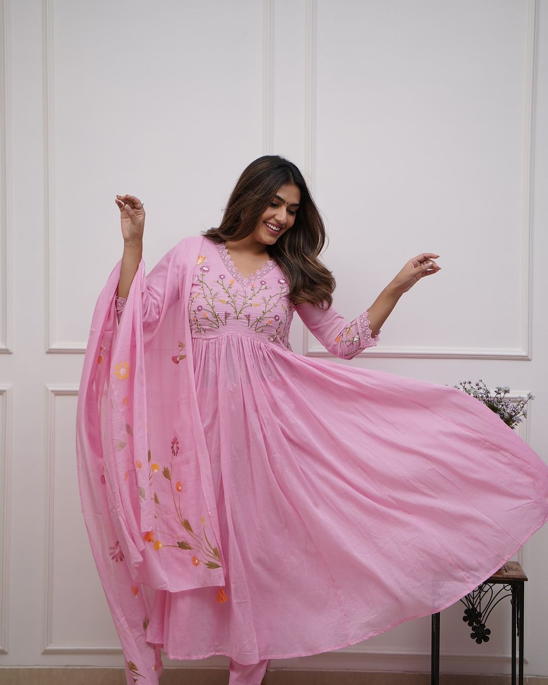 Pink Pure Cotton Kurta and Pants with Dupatta