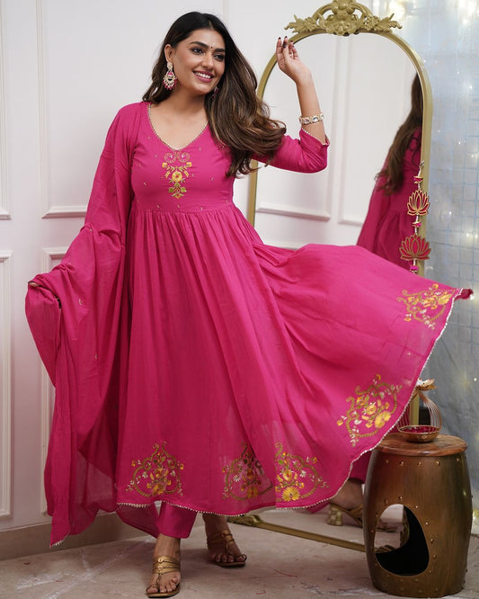 Pink Pure Cotton Kurti Pant Dupatta Set