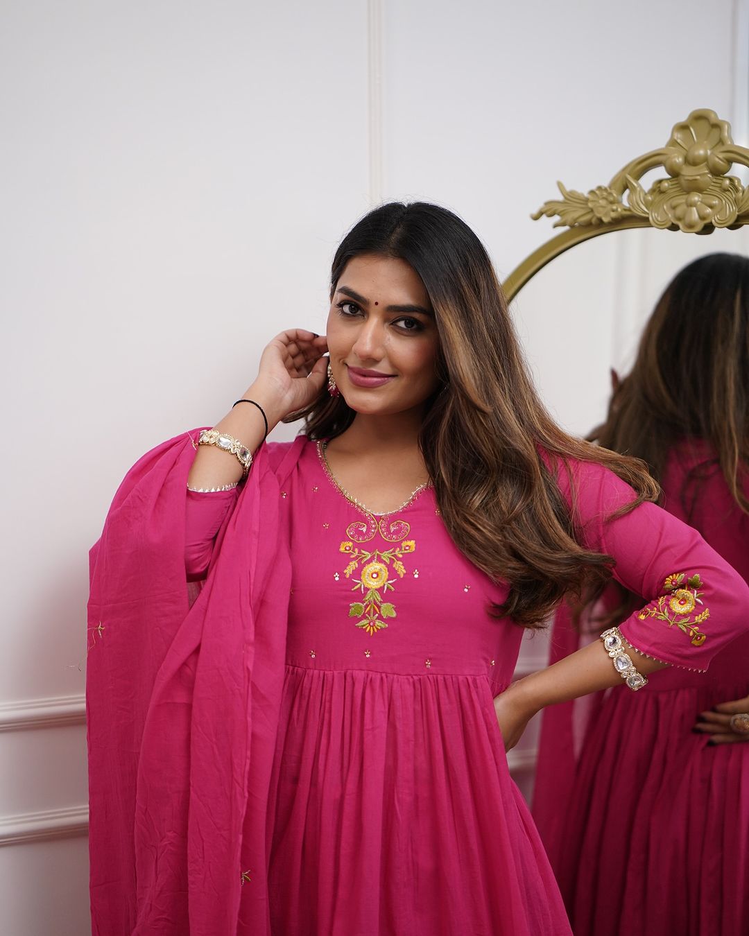 Pink Pure Cotton Kurti Pant Dupatta Set