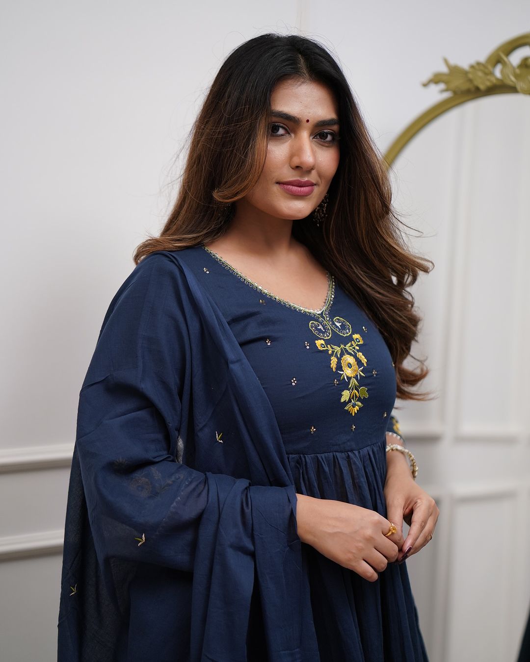 Blue Pure Cotton Anarkali Kurti Pant Dupatta Set