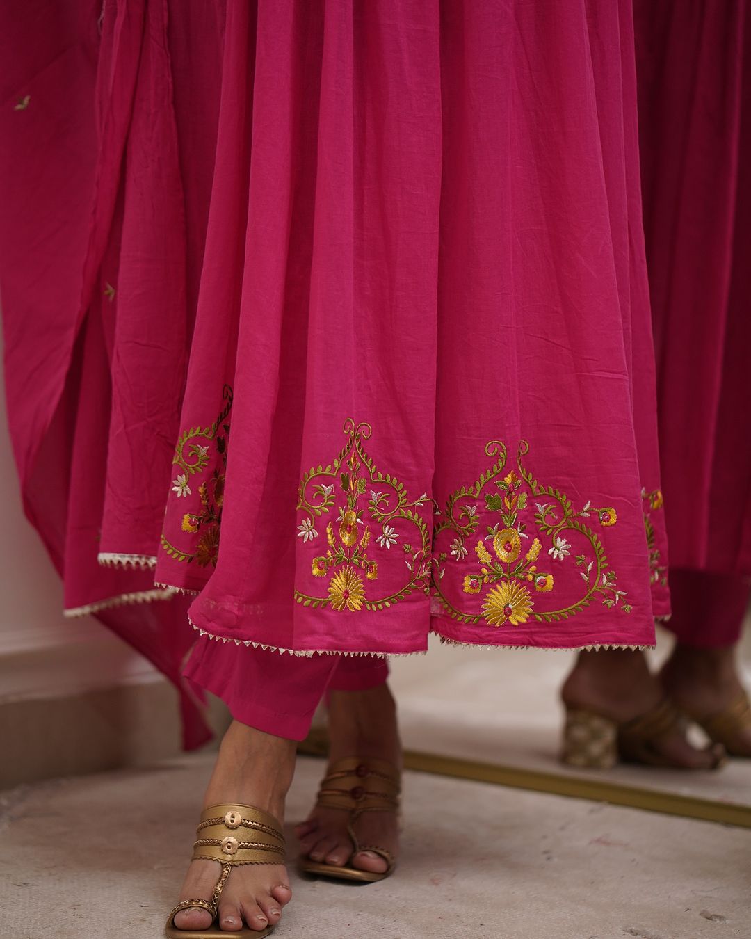 Pink Pure Cotton Kurti Pant Dupatta Set