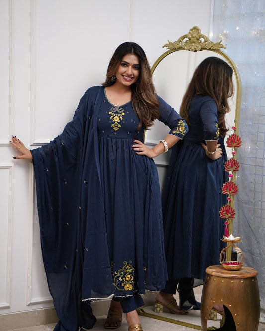 Blue Pure Cotton Anarkali Kurti Pant Dupatta Set