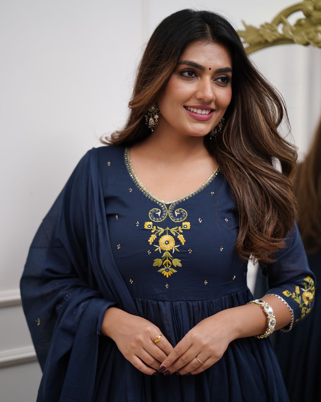 Blue Pure Cotton Anarkali Kurti Pant Dupatta Set