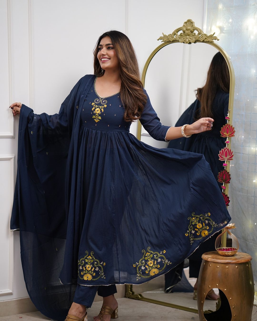 Blue Pure Cotton Anarkali Kurti Pant Dupatta Set