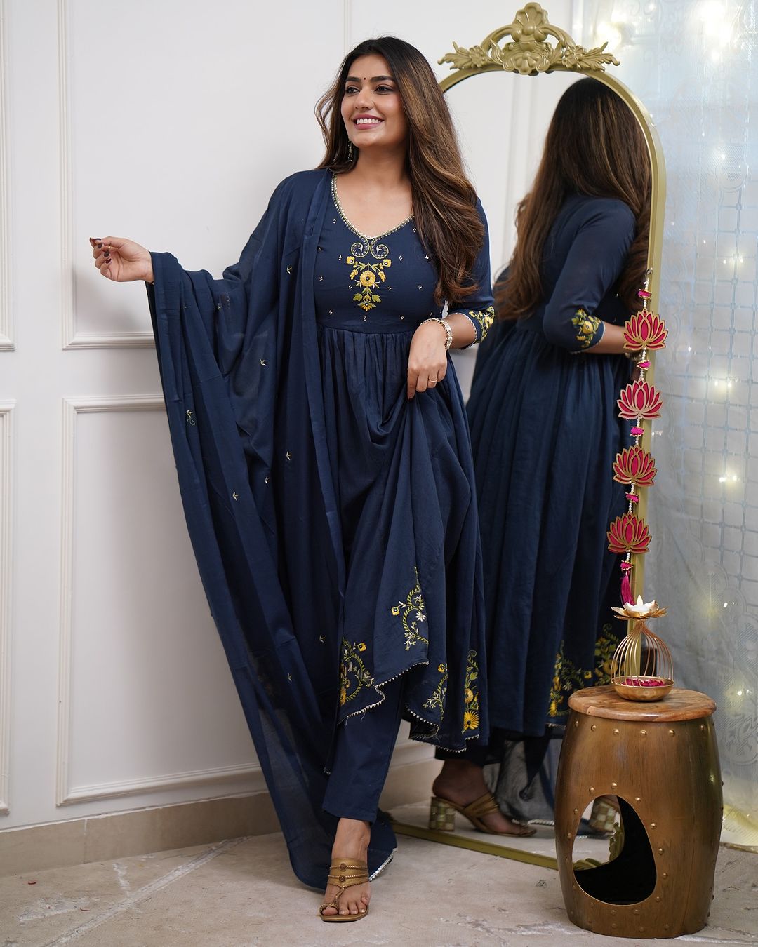 Blue Pure Cotton Anarkali Kurti Pant Dupatta Set