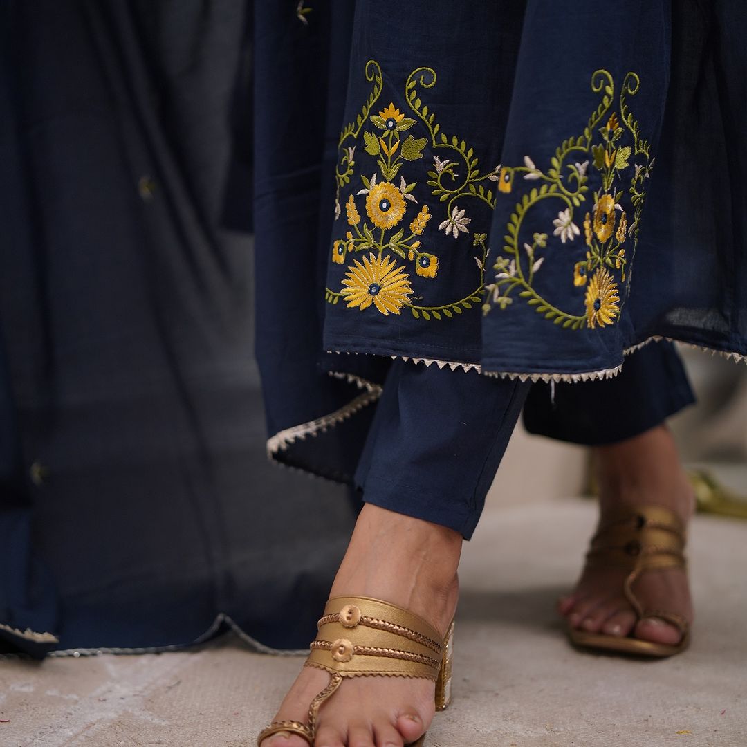 Blue Pure Cotton Anarkali Kurti Pant Dupatta Set