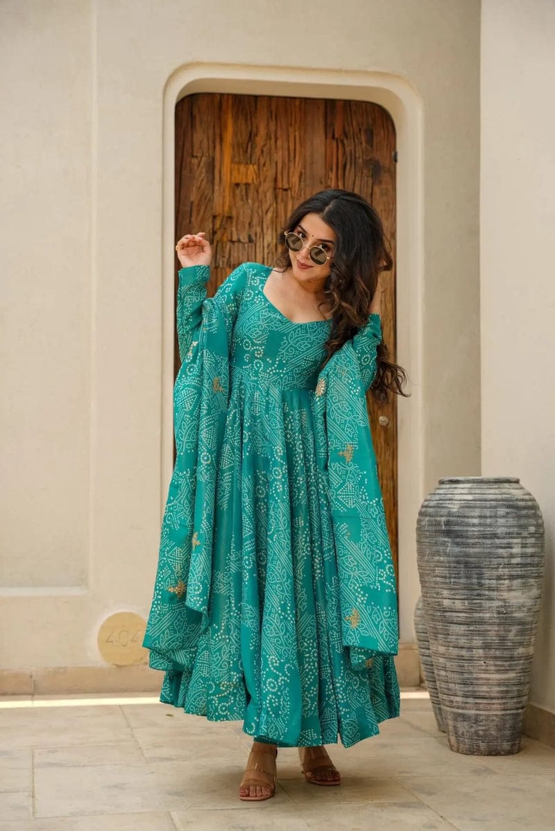 Blue Bandhani Print Anarkali Set With Heavy Work Duppata