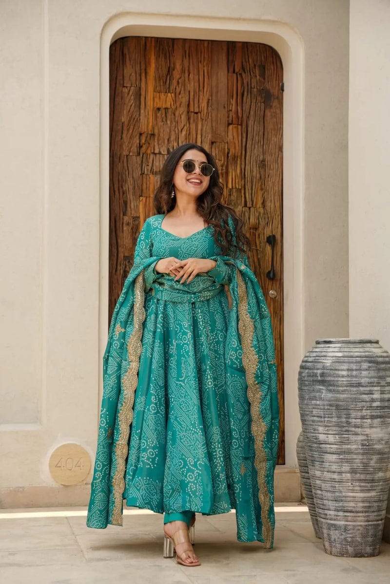 Blue Bandhani Print Anarkali Set With Heavy Work Duppata