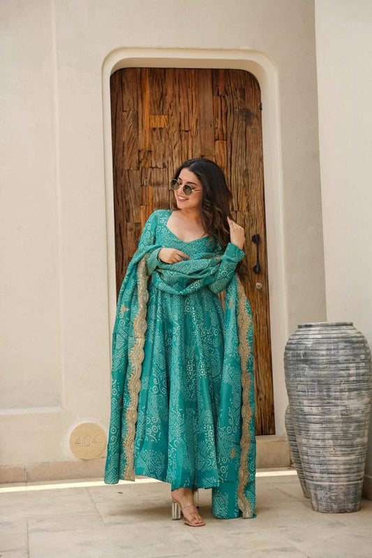Blue Bandhani Print Anarkali Set With Heavy Work Duppata