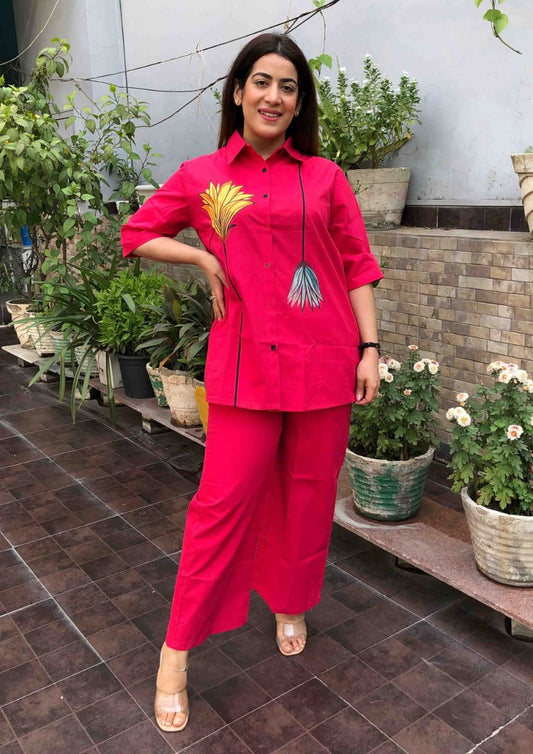 Red Hand Brush Print Shirt Co-ord Set