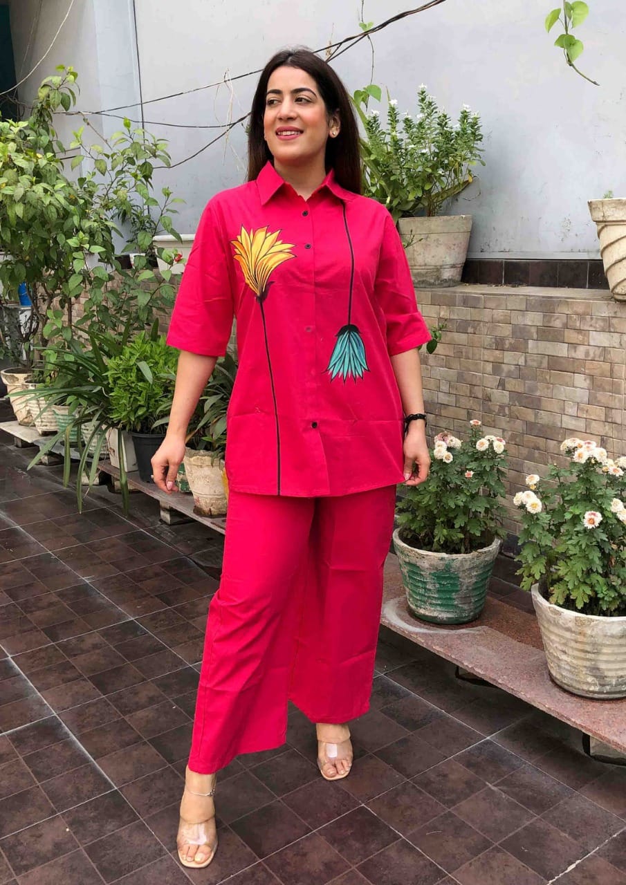 Red Hand Brush Print Shirt Co-ord Set