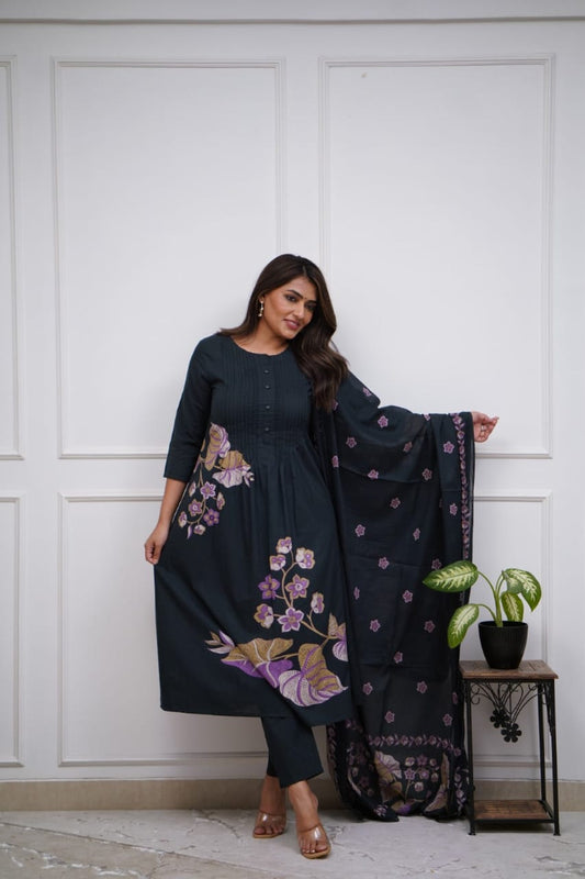 Black Floral Printed Design Work Mulmul Cotton Silk Kurta with Trousers & Dupatta