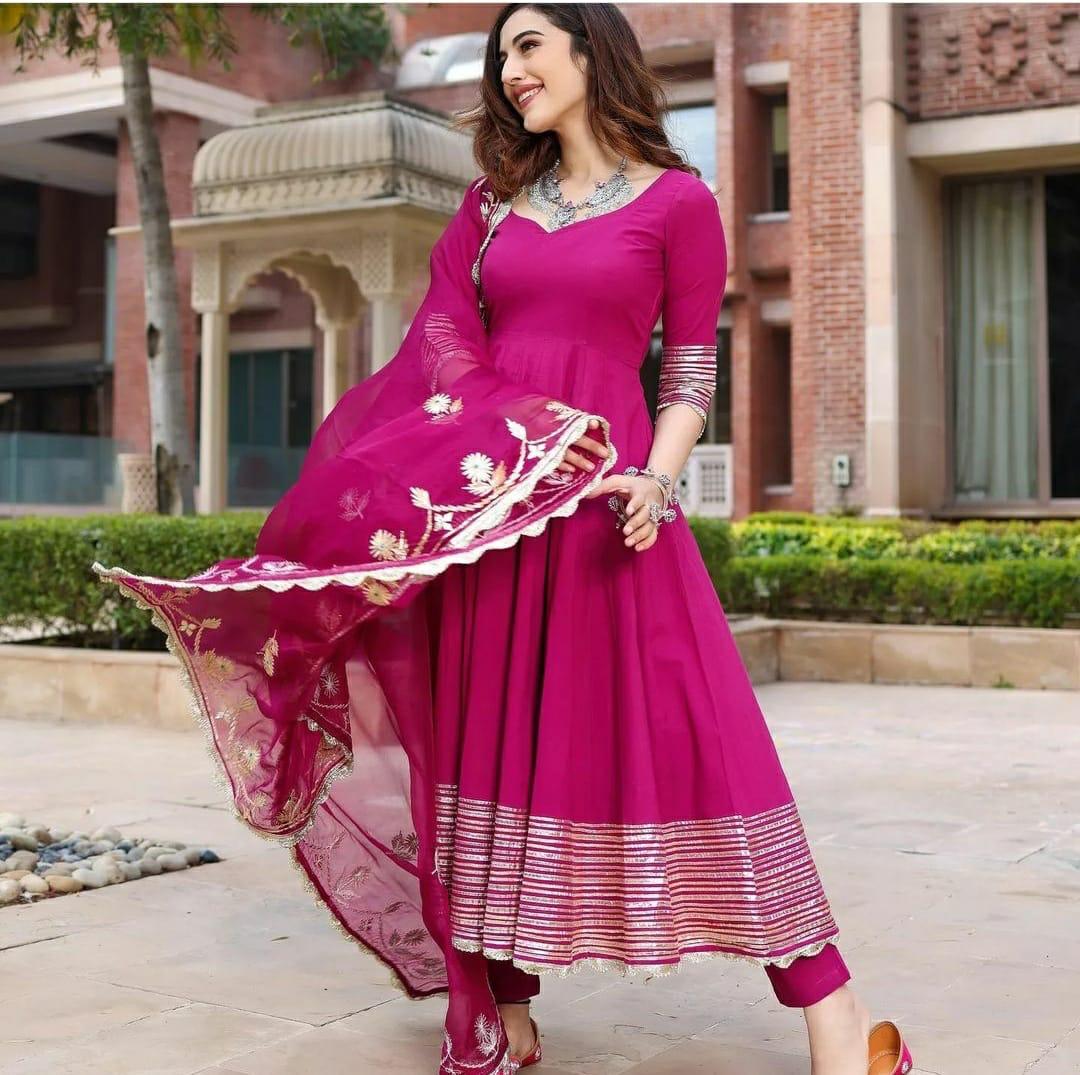 Pink Leheriya Cotton Rayon Ethnic Dress With Attached Dupatta