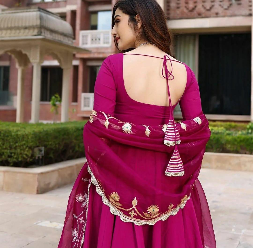 Pink Leheriya Cotton Rayon Ethnic Dress With Attached Dupatta