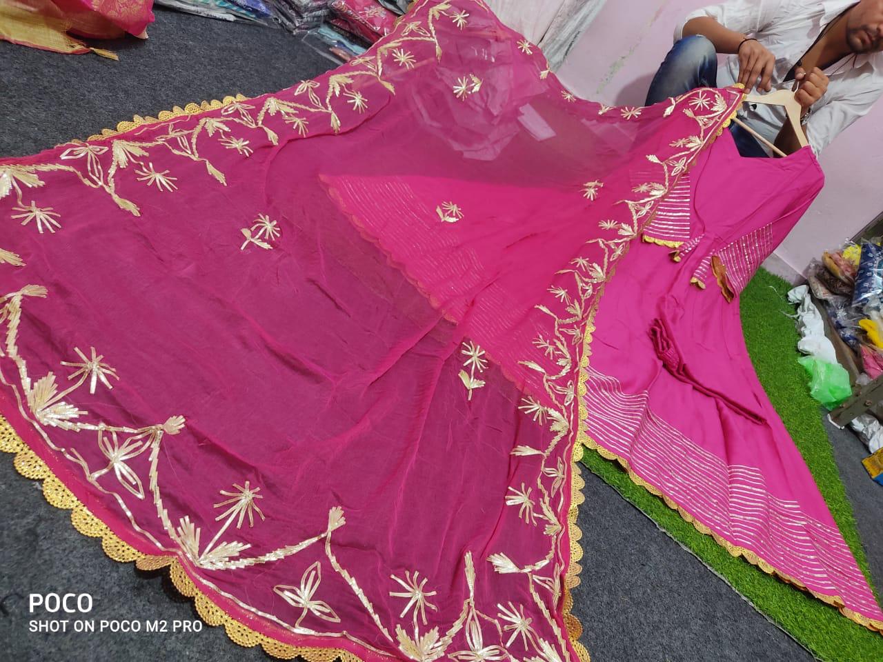 Pink Leheriya Cotton Rayon Ethnic Dress With Attached Dupatta