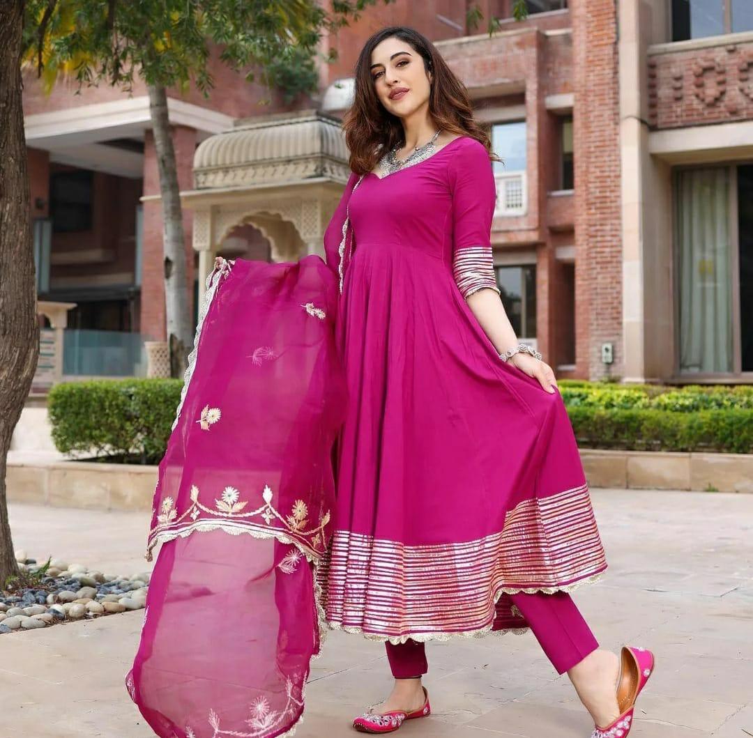 Pink Leheriya Cotton Rayon Ethnic Dress With Attached Dupatta