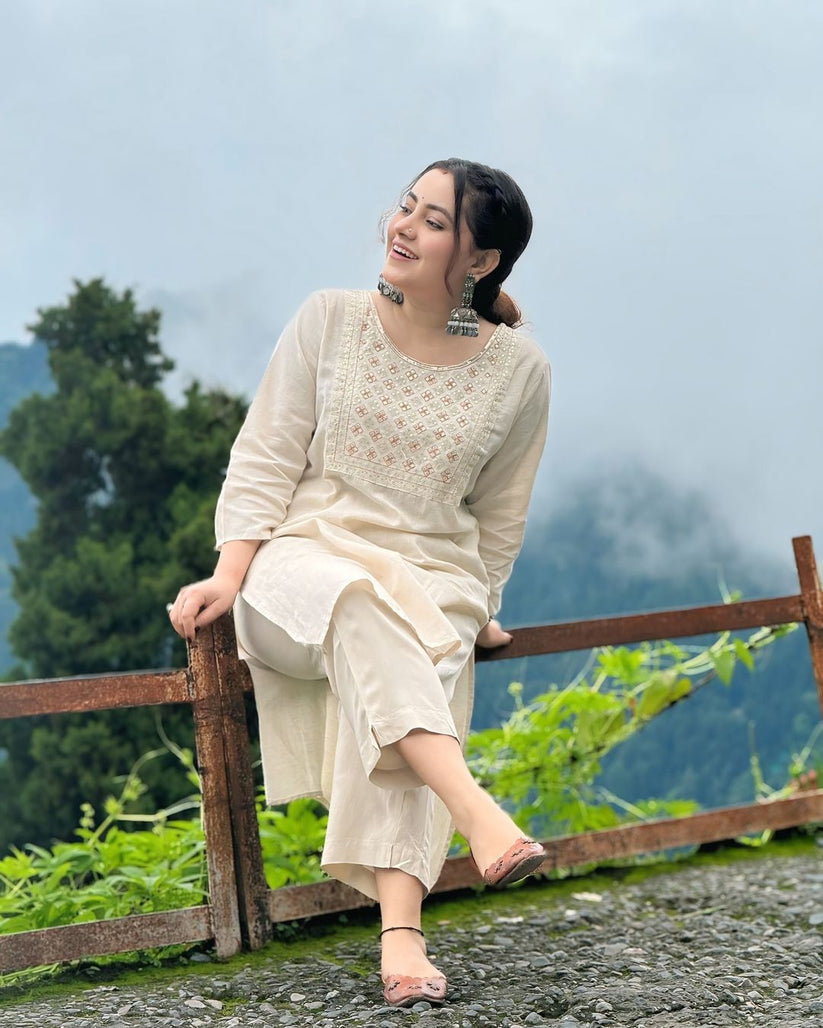 Cream Cotton Yoke Embroided Kurta and Pant Set