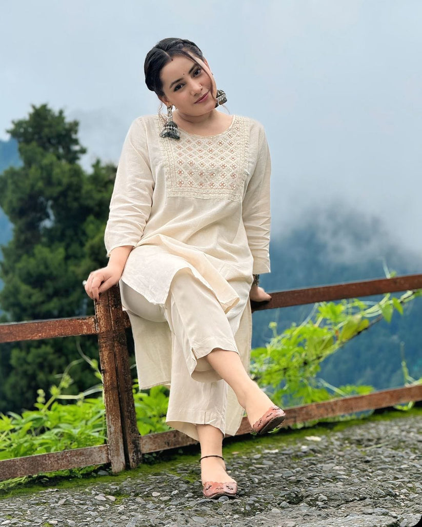 Cream Cotton Yoke Embroided Kurta and Pant Set