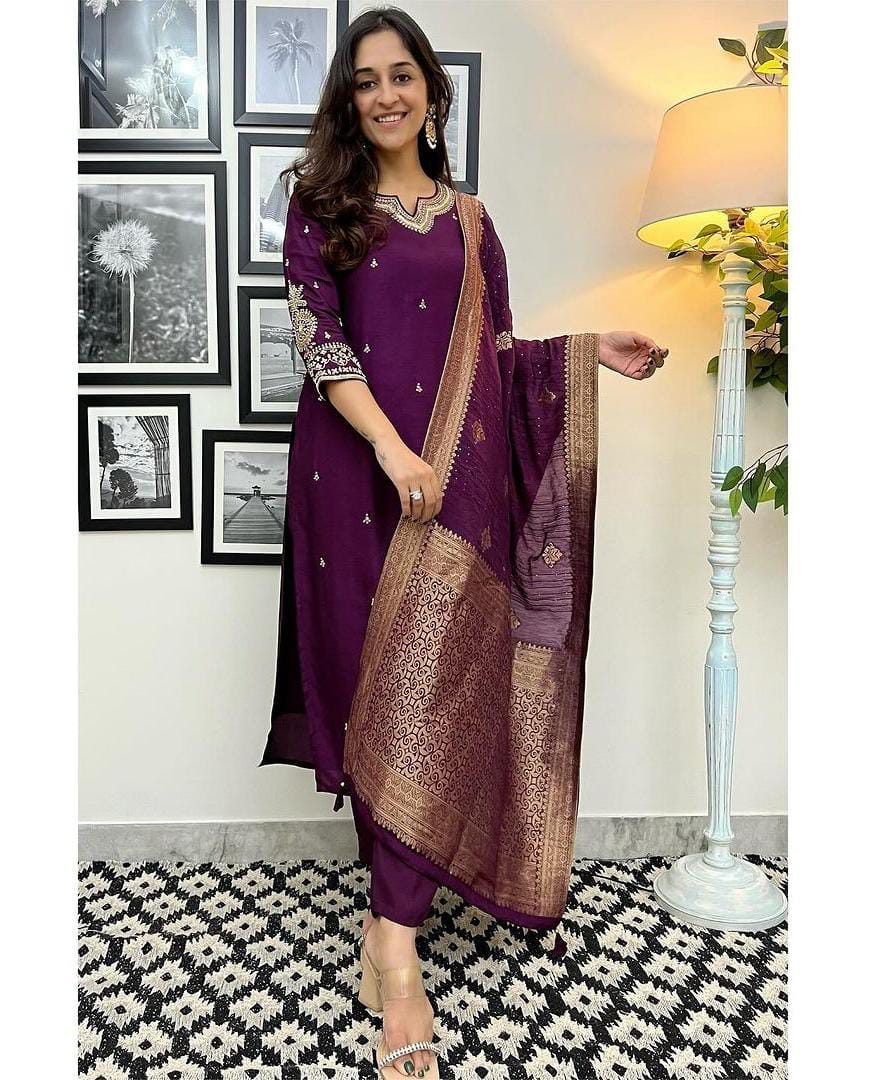 Purple Banana Cotton Silk Kurta Set with Orignal Sequence Hand Work Dupatta