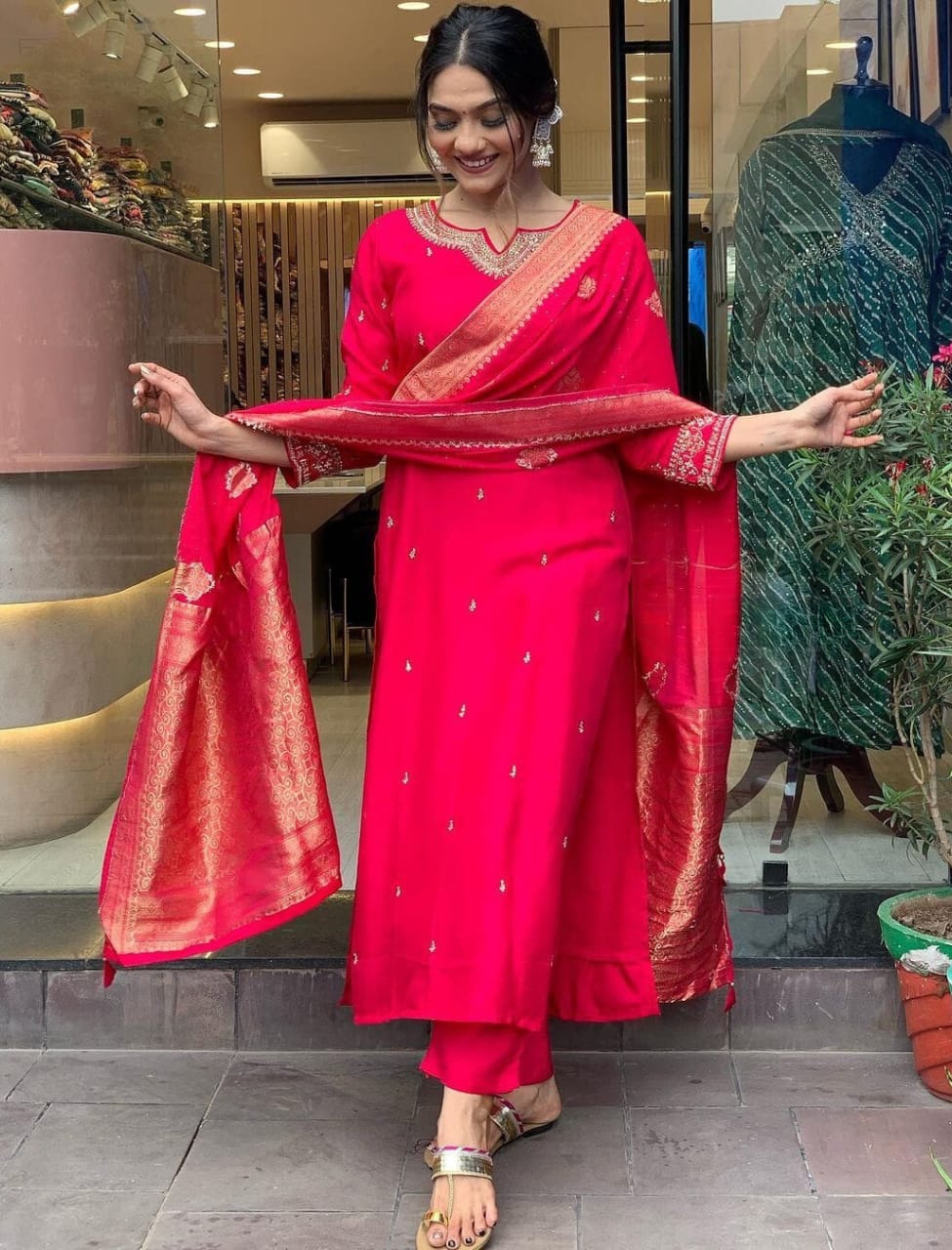 Pink Designer Neck Hand Work Tapeta Silk Kurti With Pant & Dupatta Set