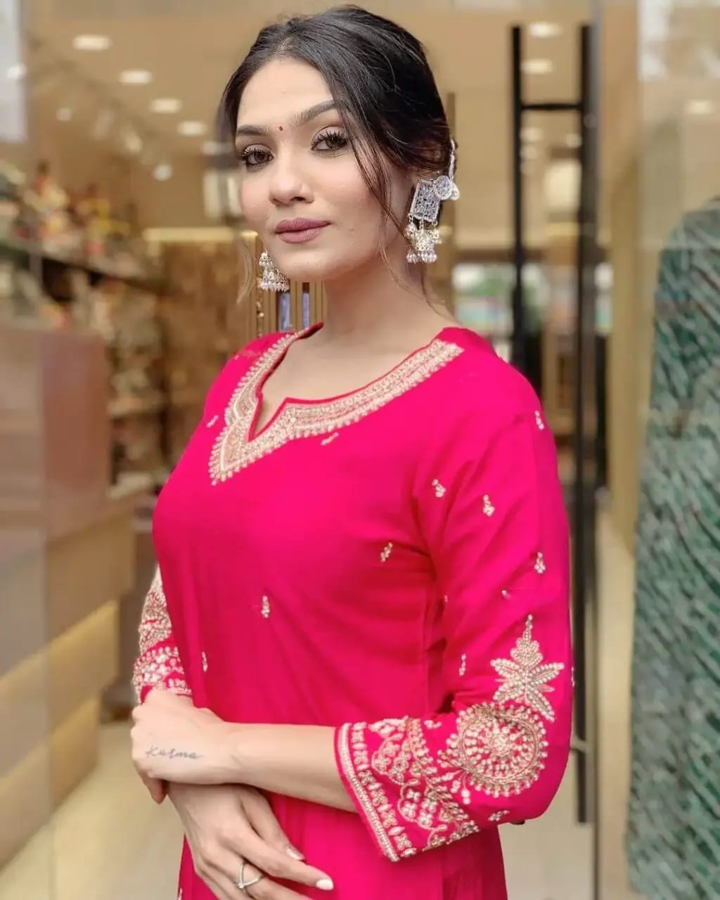 Pink Designer Neck Hand Work Tapeta Silk Kurti With Pant & Dupatta Set