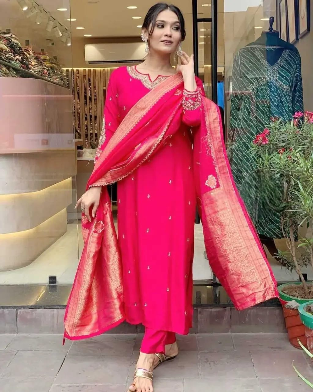 Pink Designer Neck Hand Work Tapeta Silk Kurti With Pant & Dupatta Set