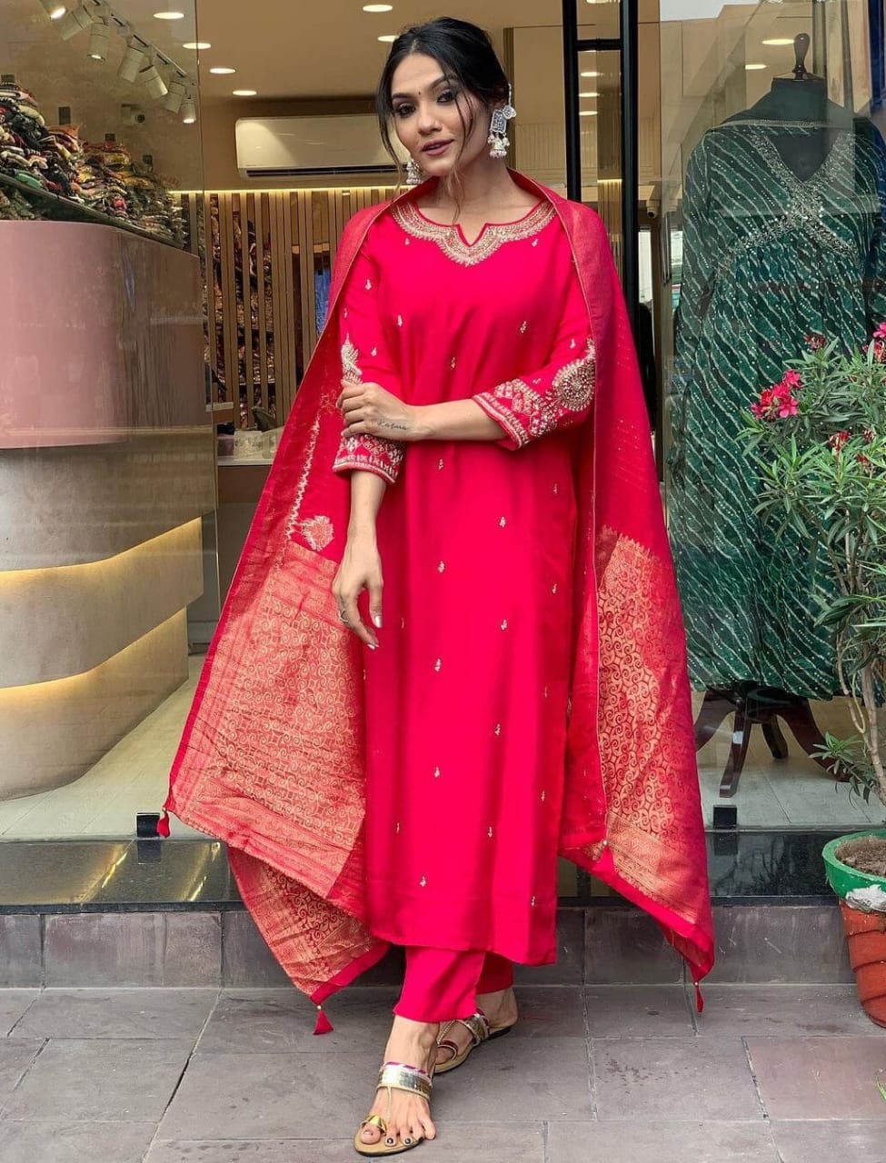 Pink Designer Neck Hand Work Tapeta Silk Kurti With Pant & Dupatta Set