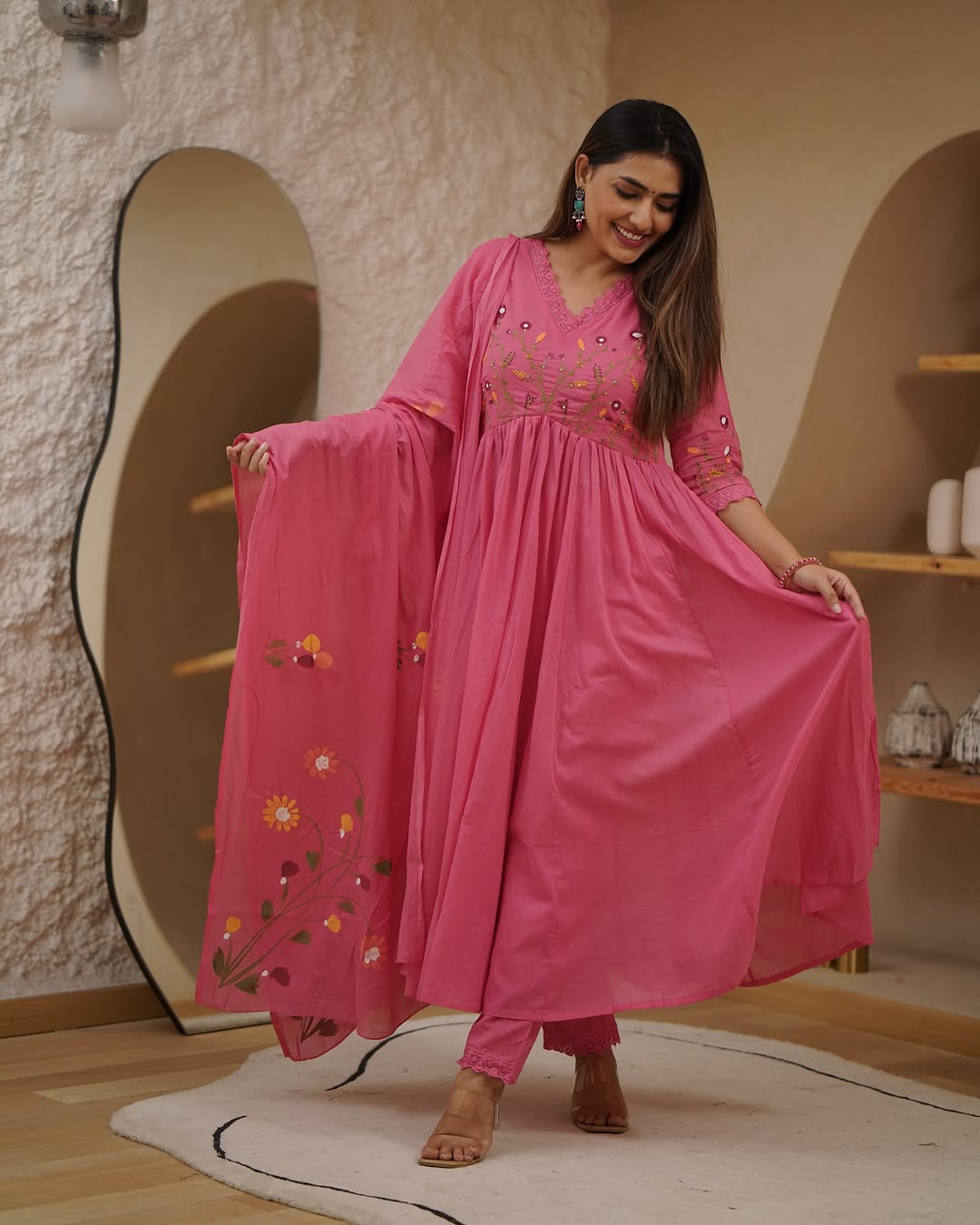 Pink Hit Design Anarkali 3 Piece Suit