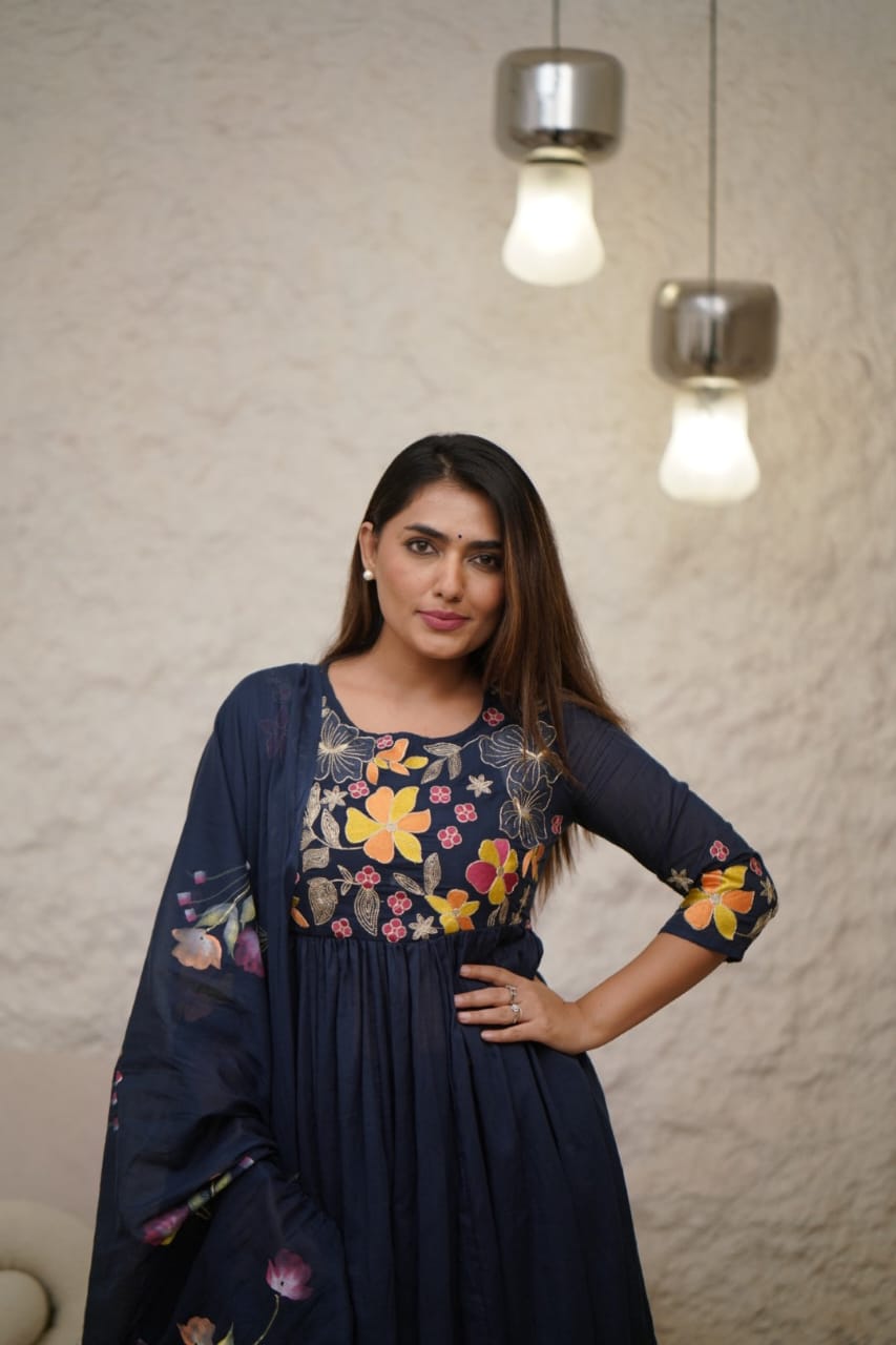 Women Navy Blue Embroidery Cotton Anarkali  Pant And Dupatta Set