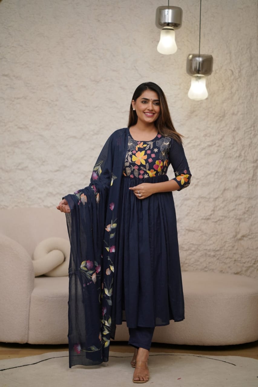 Women Navy Blue Embroidery Cotton Anarkali  Pant And Dupatta Set