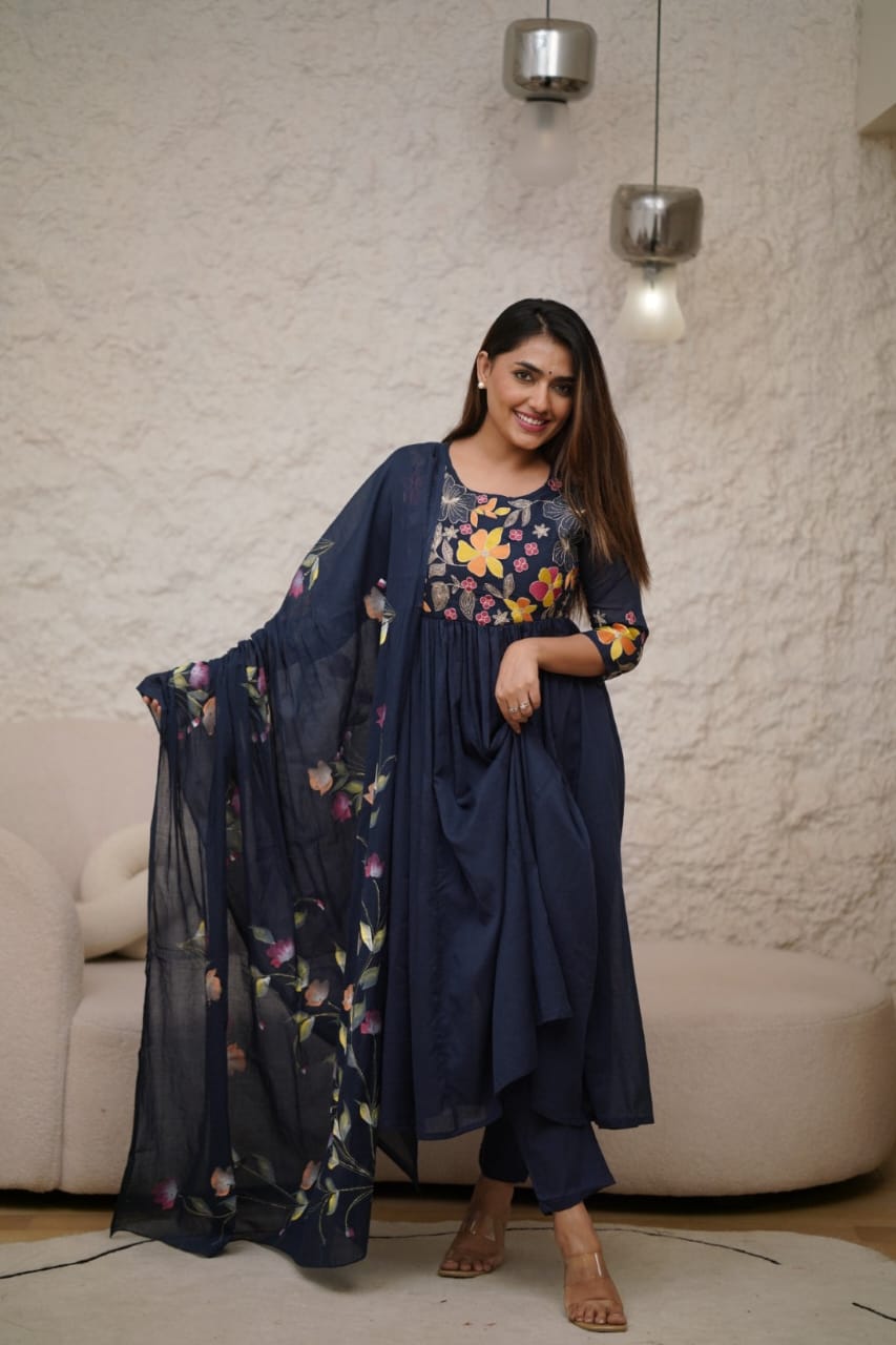 Women Navy Blue Embroidery Cotton Anarkali  Pant And Dupatta Set