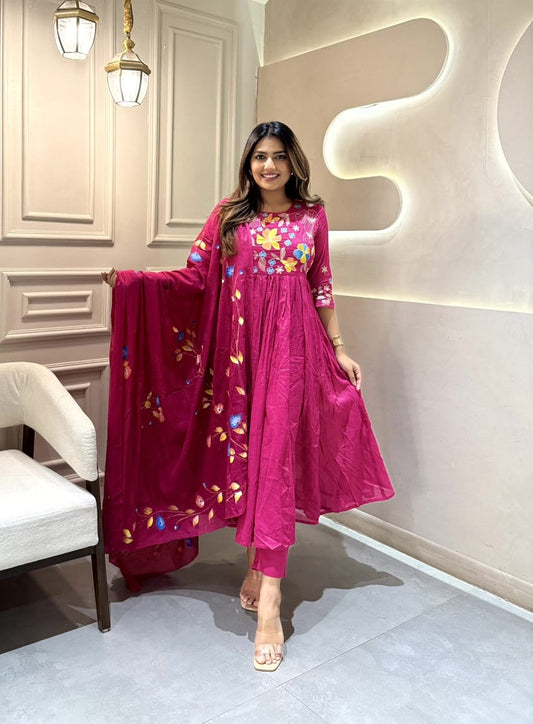 Women Dark pink  Embroidery Cotton Anarkali  Pant And Dupatta set