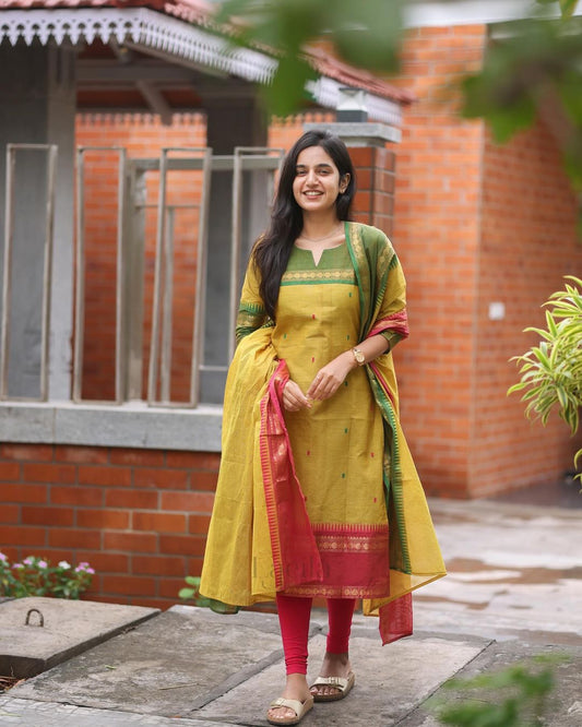 Multi Colour Kanchi Cotton Suit Set With Jaquard Dupatta For Women